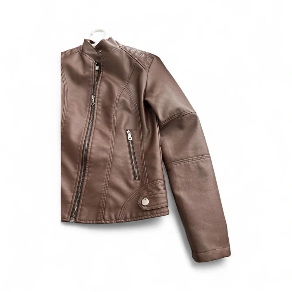Brown Faux Leather Moto Jacket EUC
